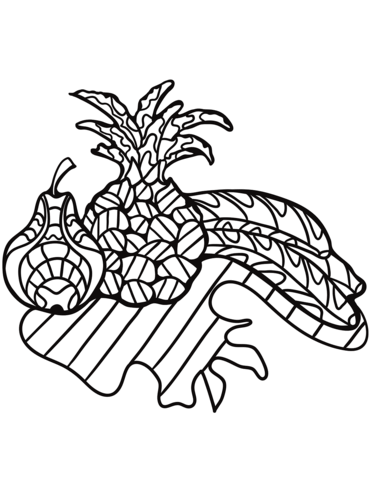 Zentangle Pear, Pineapple And Bananas Coloring Page